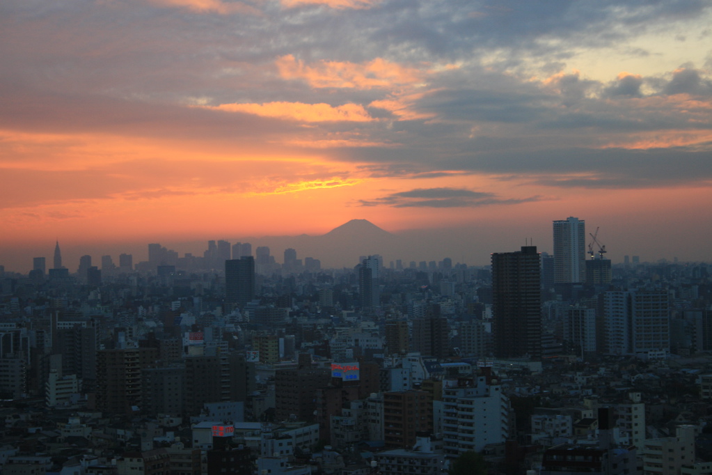 View from apartment towards Fuji as the sun sets