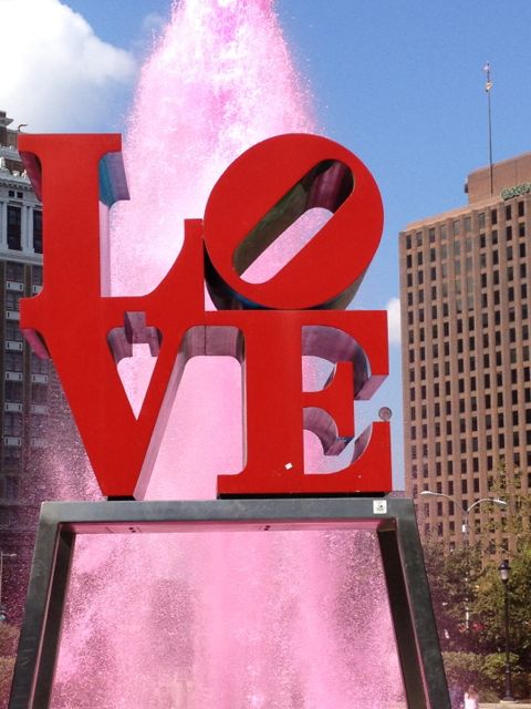 Love Statue - the fountain has been dyed pink for breast cancer awareness